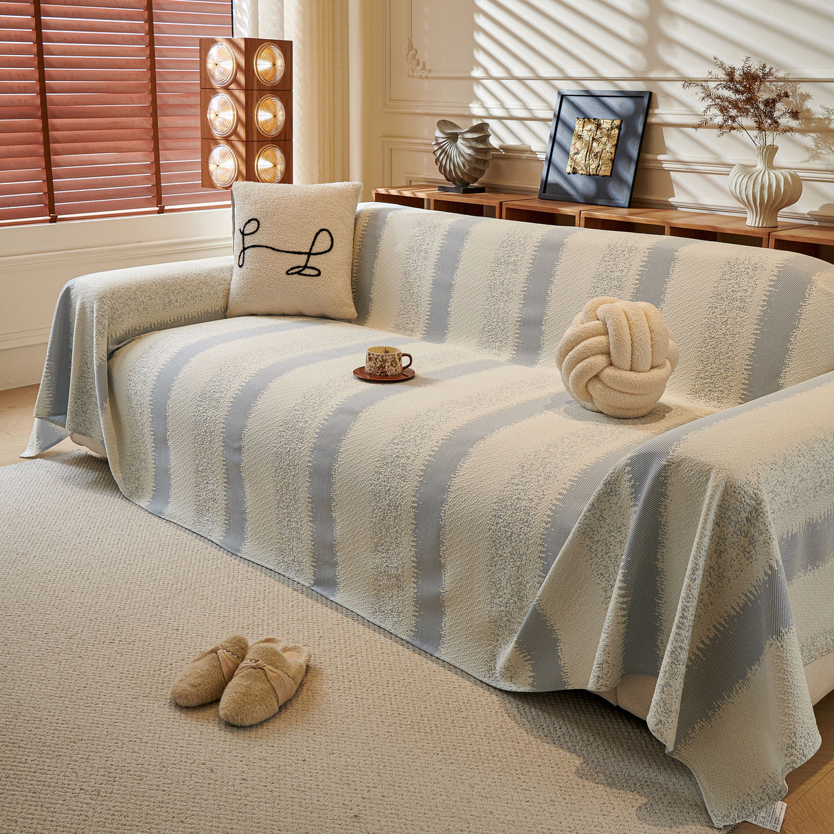 Modern Striped Couch Protector Blanket, Furniture Slipcover for L Shaped Sectionals