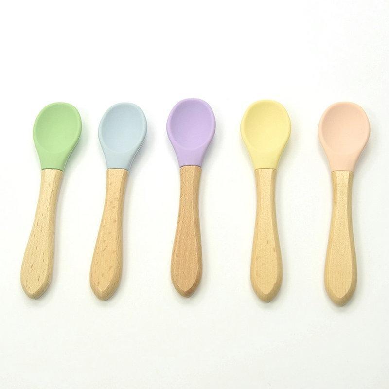 2PCS Bamboo Training Spoons Organic Soft Baby Feeding Silicone Tip Spoon Scoop Easy Grip Handle Toddlers Infant Gifts For Parents And Baby Boys Or Girls