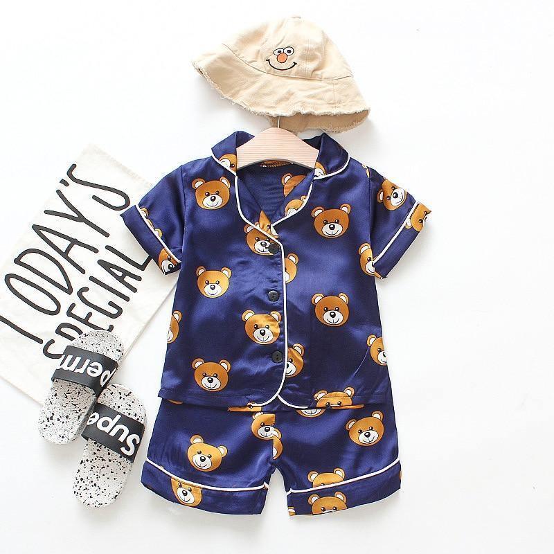 Luxury Modern Children's Pajamas Set Baby Suit Toddler Boys and Girls Ice Silk Satin Cartoon Printing Tops Pants Set Home Wear pajams for Kids