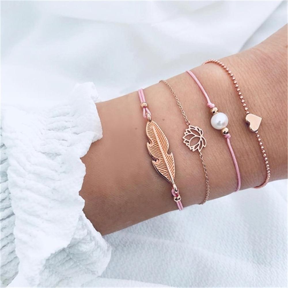Fashion Bohemia Leaf Round Knot Cuff Bangle Gold Chain Charm Bracelet for Women Simple Geometric Bracelets Luxury Jewelry