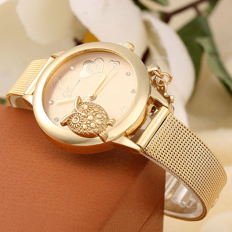STEVVEX Gold Watch Brand Quartz Women Rose Gold Stainless Steel Mesh Belt Ladies Wristwatch Female Clock Owl (Gold) For Women and Girls