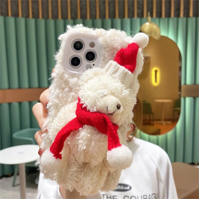 Cute Fluffy Santa 3D Teddy Bear Plush Christmas Case For Iphone 13 12 11 Pro Xs Max X Xr 7 8 Plus Se3 Shockproof Soft Cover Super Soft Winter Warm Funny Rabbit Ears Faux Fur Plush Fluffy Cover