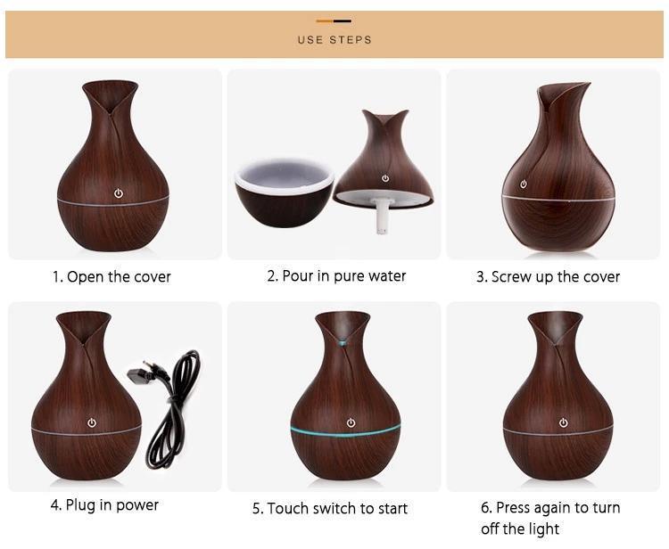 Essential Oil Diffuser 130ml Wood Grain Vase-Shaped Aromatherapy Cool Mist Humidifier With 7 Colors LED Lights & Waterless Auto Shut-Off For Home Office