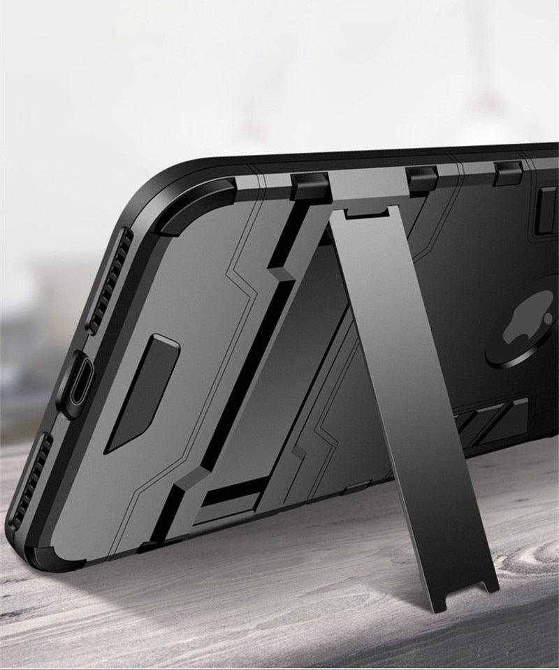 Luxury Black Cool Armor Case For iPhone 8 7 6 6S Plus 5 5s Shockproof Case For iPhone X XS MAX XR Stand Cover Case Heavy Duty Shockproof Armor Dual Layer Protection Back Case Cover