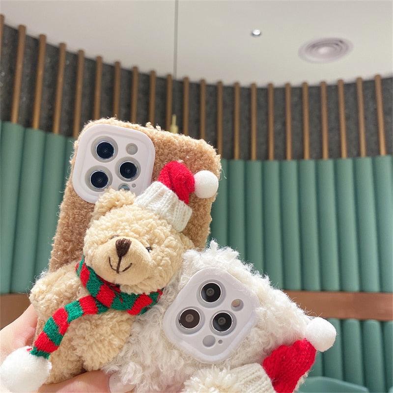 Cute Fluffy Santa 3D Teddy Bear Plush Christmas Case For Iphone 13 12 11 Pro Xs Max X Xr 7 8 Plus Se3 Shockproof Soft Cover Super Soft Winter Warm Funny Rabbit Ears Faux Fur Plush Fluffy Cover