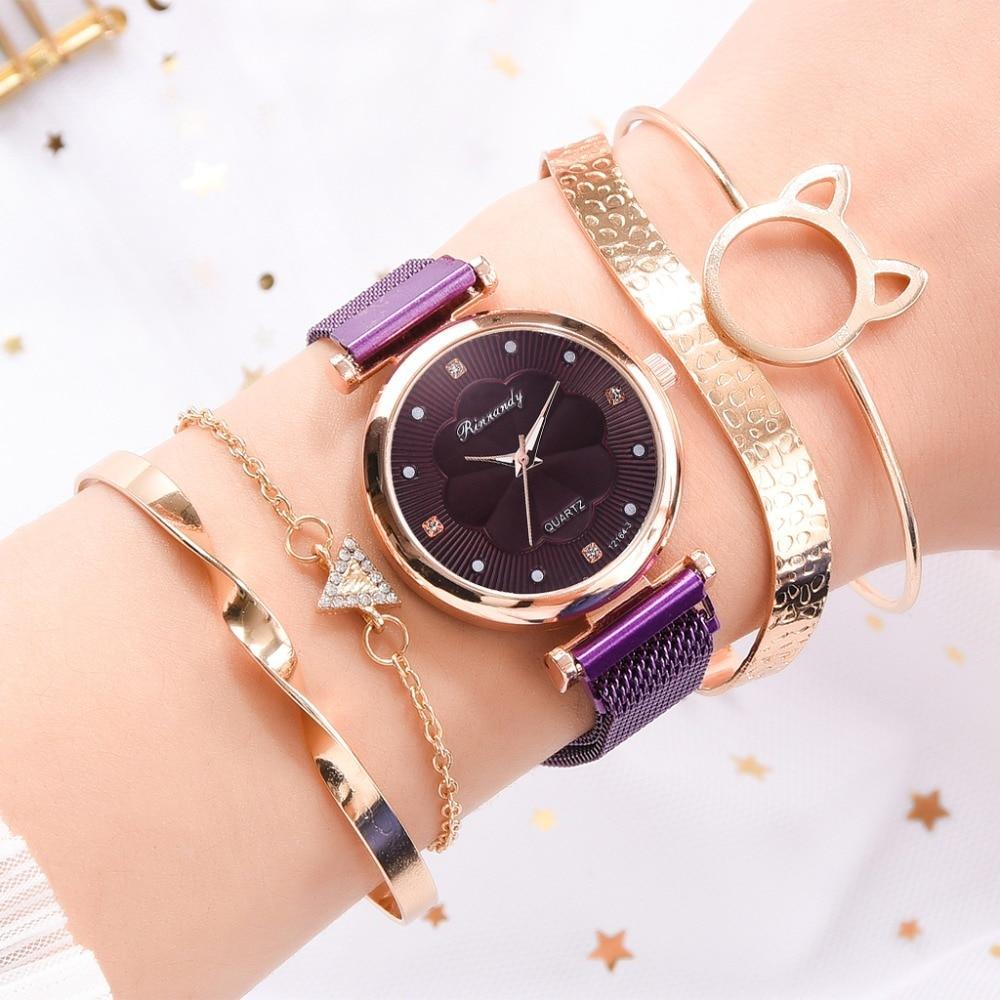 Fashion Set Women Watches Luxury Magnet Buckle Flower Rhinestone Watch Ladies Quartz Wrist Watch WIth Bracelet In Set For Women and Girls