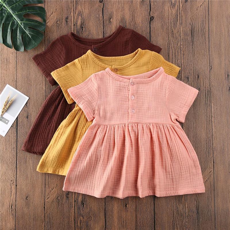 Kids Summer Cotton Linen Dress with Plain Short sleeve Party A-line dress For Small Girls 1-3 Years