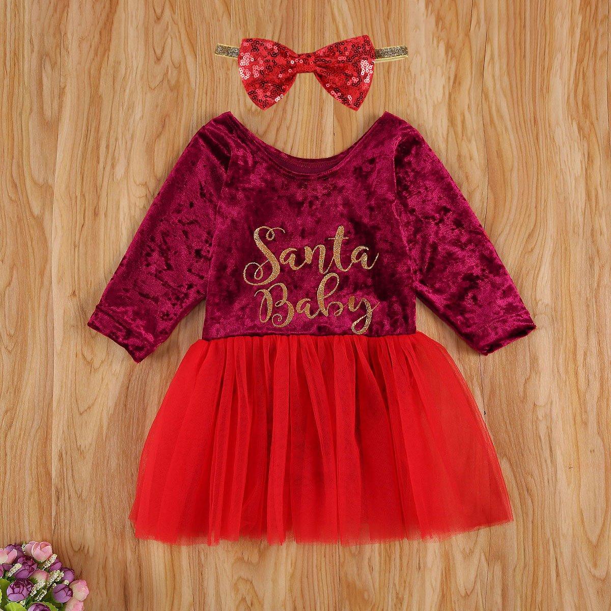 Autumn Baby Girls Christmas Red Long Sleeve Letters Printed Pattern Dress Festival Unique Design