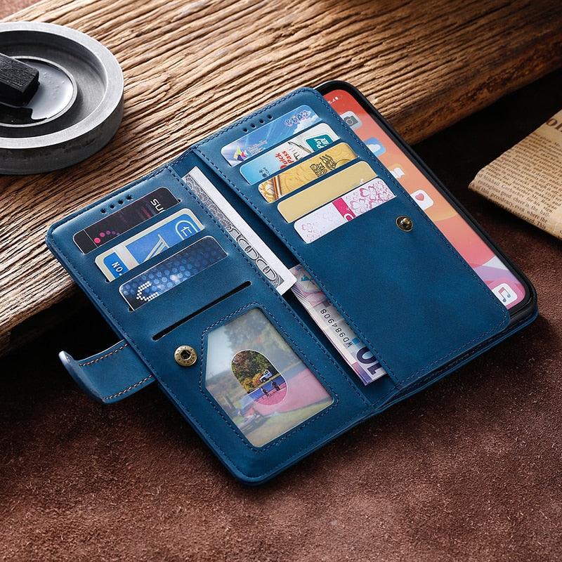 Business Blue New Cards Flip Leather Case For iPhone 14 13 12 11 Pro Max 10 X 6 6s 7 8 Plus XR XS Max Multifunctional Wallet Phone Case Multi-Card Wallet Leather iphone Case