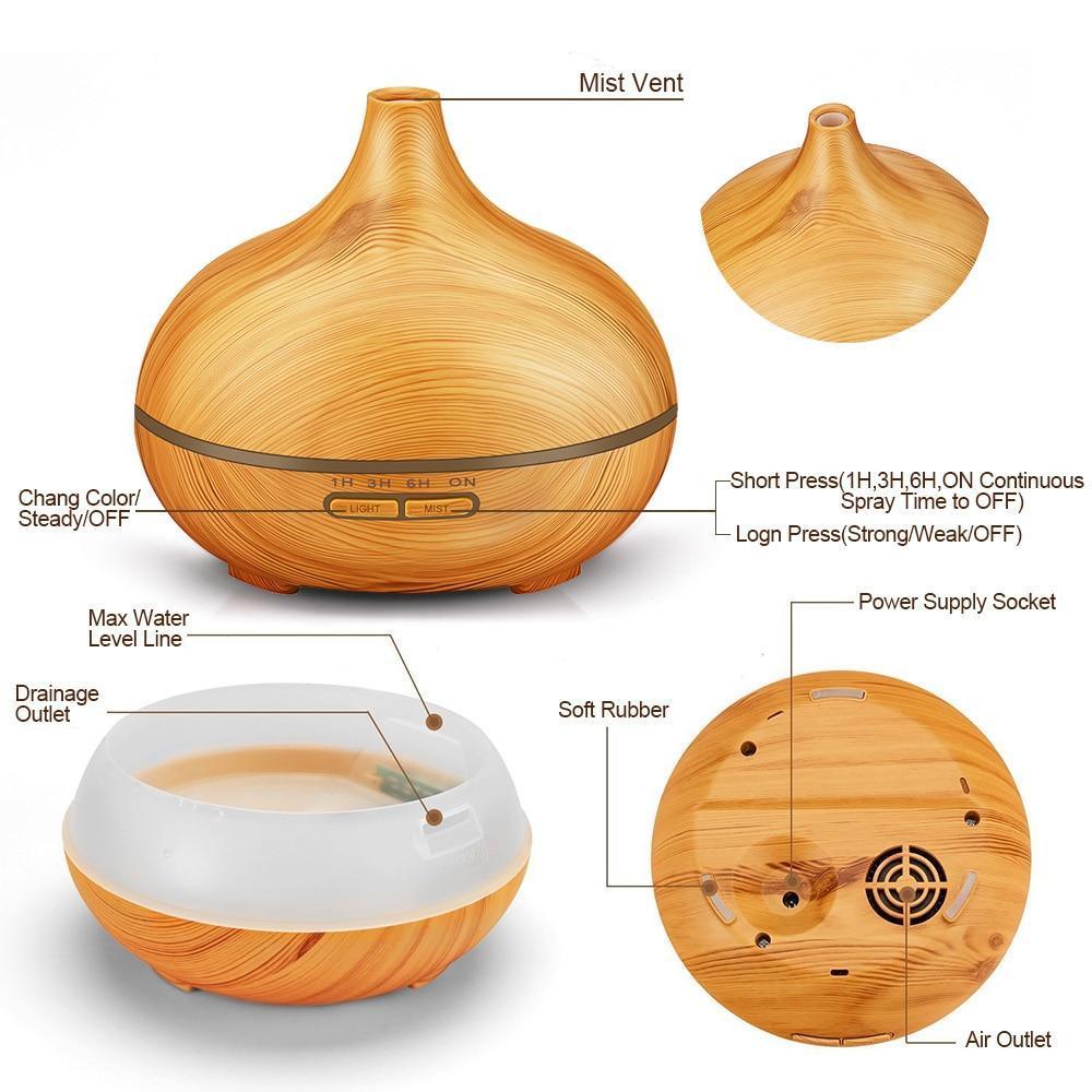 550ml Aroma Air Humidifier Essential Oil Diffuser Aromatherapy Electric Ultrasonic cool Mist Maker for Office Home Bedroom Living Room Study Yoga Spa - Wood Grain, 7 Colors LED Light