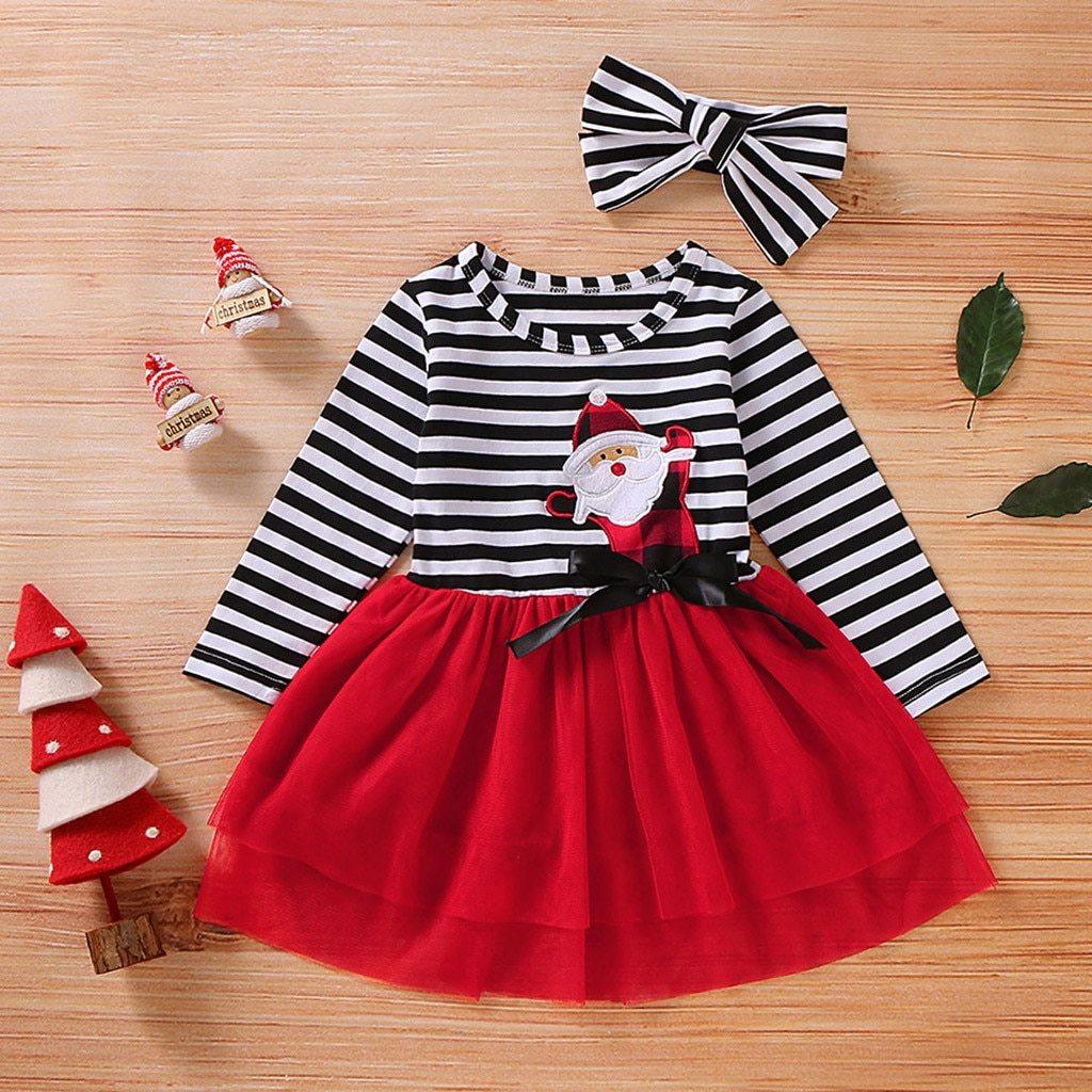 Newborn Baby Girls Long Sleeve Christmas Santa Striped Skirt Dress Outfits Unique Design