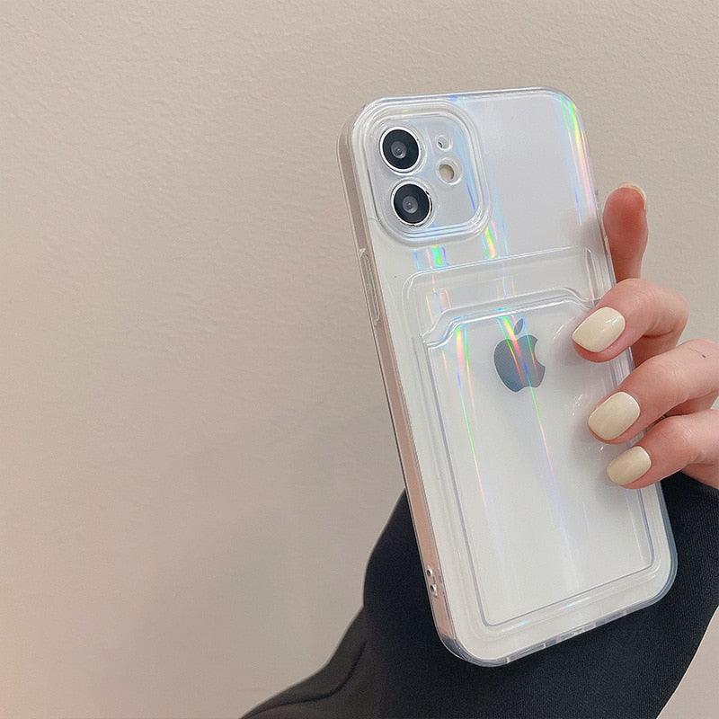 Transparent Card Holder Silicone Case For iPhone 14 13 11 12 Pro Max Mini X S XR 8 7 Plus Lens Protection Cover Clear Protective Case with Card Slot Slim Drop Resistant Soft Bumper Cute Pocket Cover