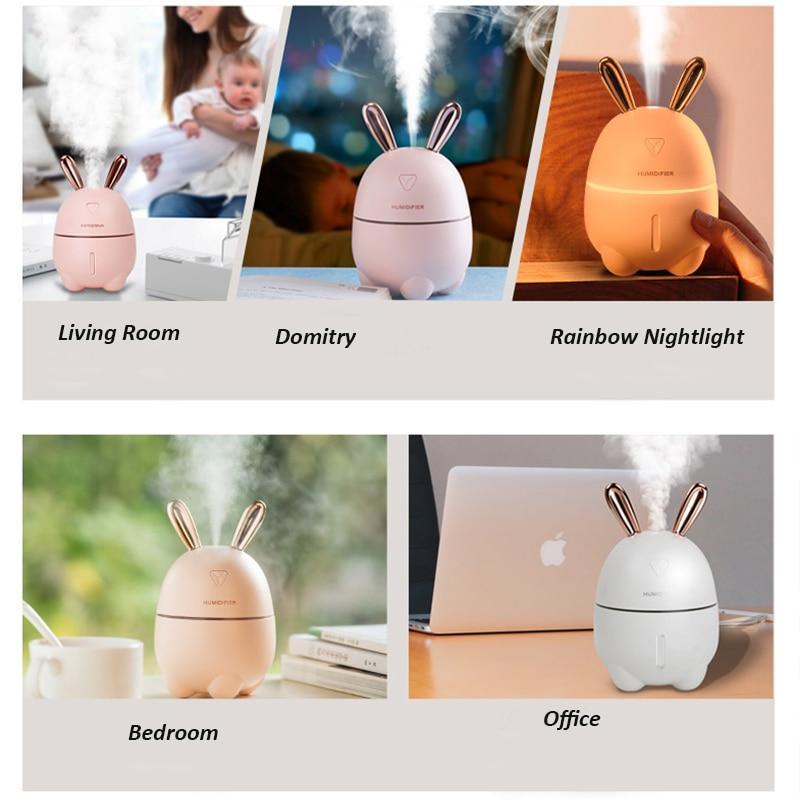 300ML Mini Air Humidifier Cute Rabbit USB Aroma Essential Oil Diffuser Colorful Night Light Car Office Mist Maker