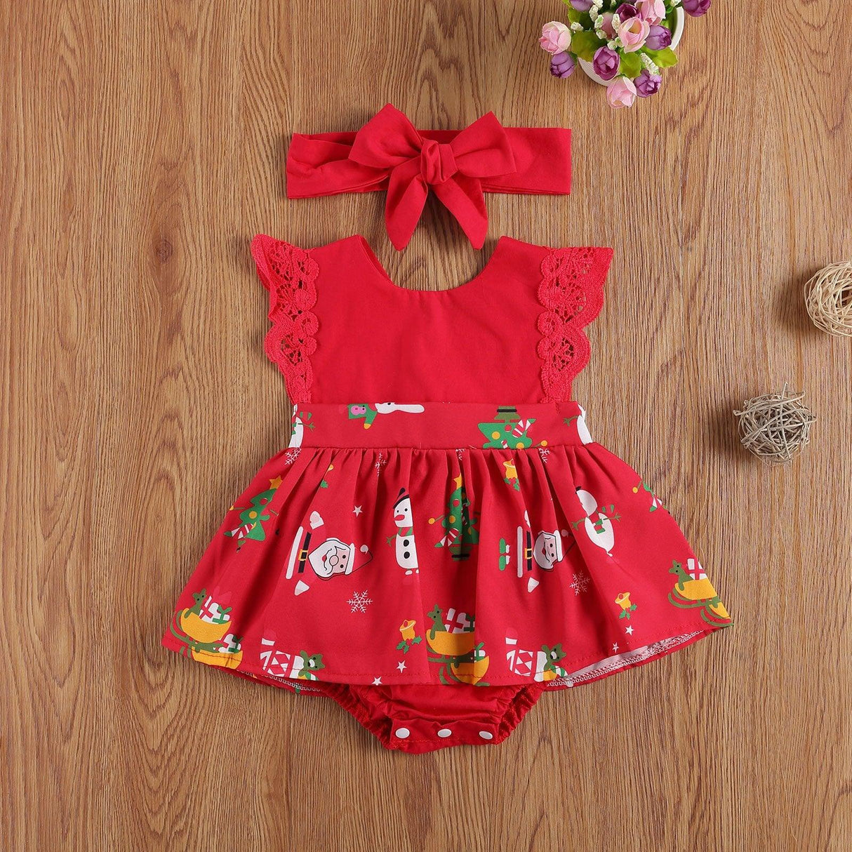 Baby Girls Bodysuits Dress Lace Ruffles Short Sleeve Cartoon Print Jumpsuits Headband