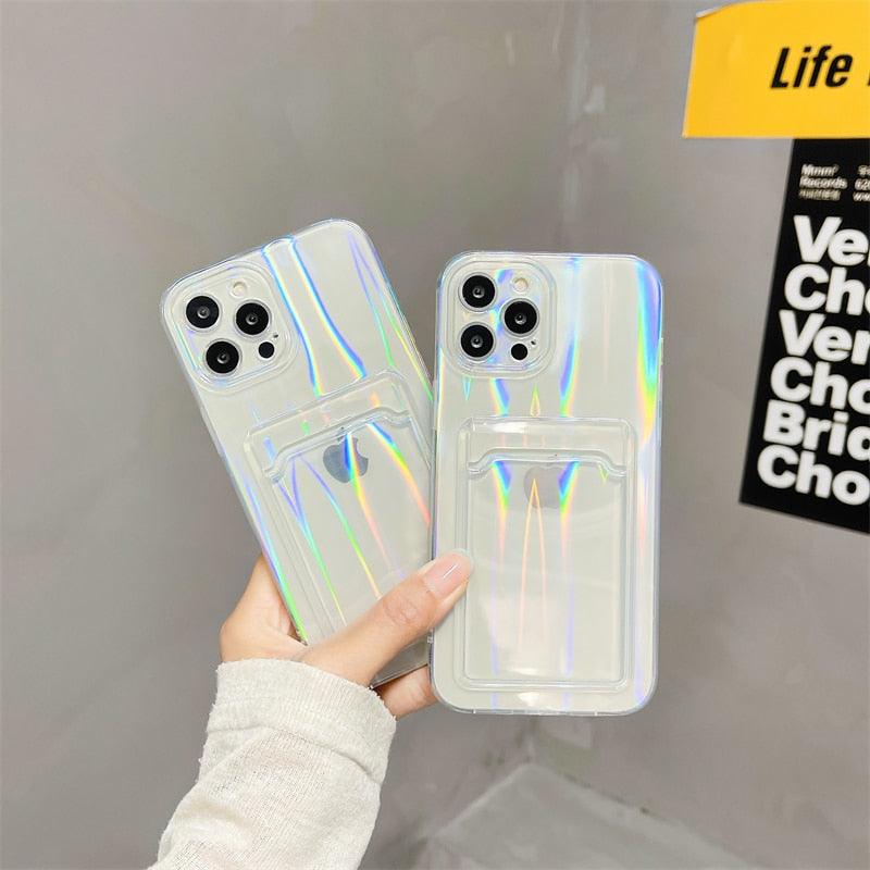 Gradient Rainbow Charming Case For iPhone 13 11 12 Pro Max XS XR 7 8 Plus Transparent Cover with Wallet Card Holder Case Soft Cover for iPhone
