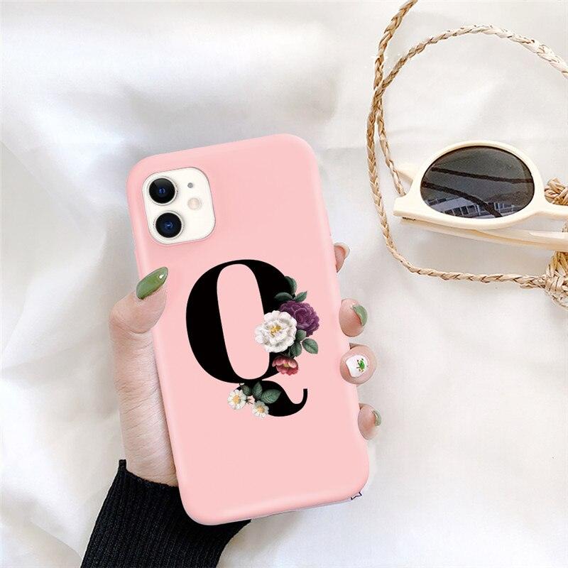 Initial Letter Silicon Phone Case For Iphone 12 Pro Max Retro Pink Flower Soft Back Cover Compatible With Iphone Case Soft Touch Cute Pink Silicone Back Cover For Iphone