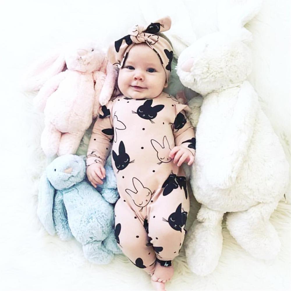 Modern Baby Girls Romper Cartoon Rabbit Pattern Cotton Long Sleeve Jumpsuit+Headband Outfits Set Jumpsuit With Bow