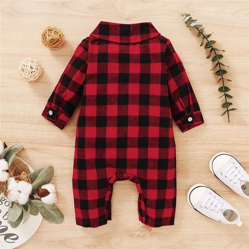 Spring Autumn Newborn Cotton Casual classic Plaid Collar Jumpsuit for Baby Boys / Girls In Elegant Retro Modern Style