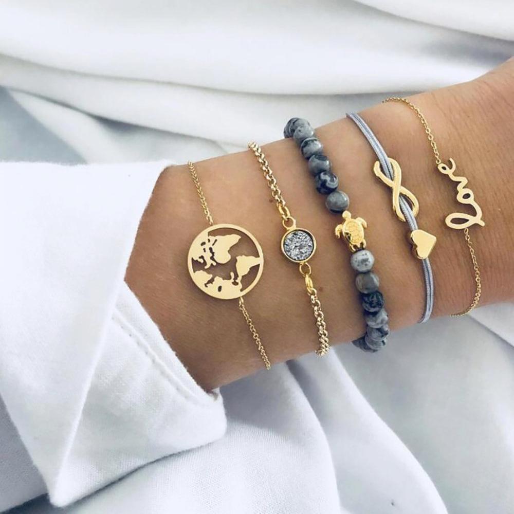 Fashion Bohemia Leaf Round Knot Cuff Bangle Gold Chain Charm Bracelet for Women Simple Geometric Bracelets Luxury Jewelry