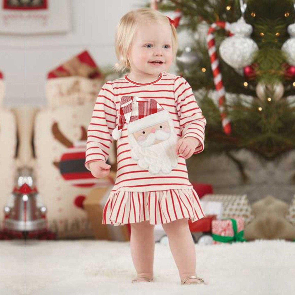 Baby Girl Dress Winter Warm Clothes Toddler Long Sleeve Stripe Christmas Ruffle Dress Unique Design