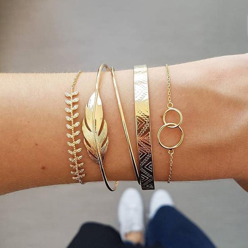 Luxury Modern Gold Crystal Elegant Woman and Lady Brecelets in Sets of 5Pcs/sett for Women Punk Boho Beach Bangle Jewelry Gift