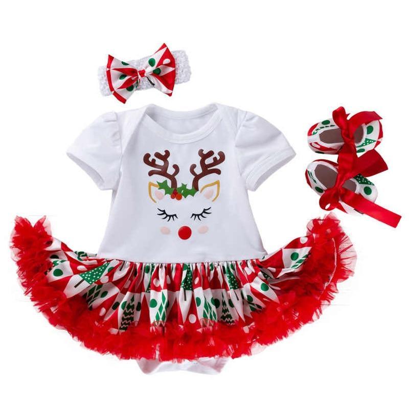 3PCS Clothes Set Romper Dress Cottons Cartoon Deer Excellent Look Bowknot Shoes Outfit