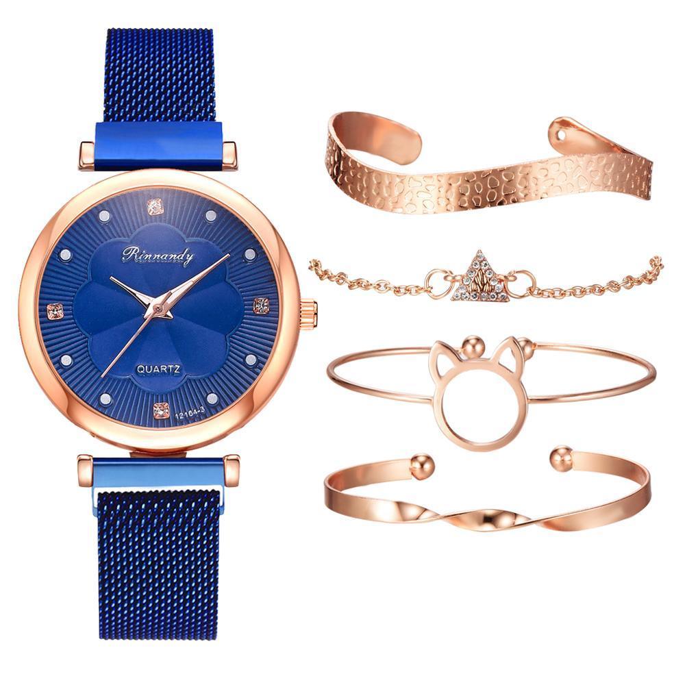 Fashion Set Women Watches Luxury Magnet Buckle Flower Rhinestone Watch Ladies Quartz Wrist Watch WIth Bracelet In Set For Women and Girls