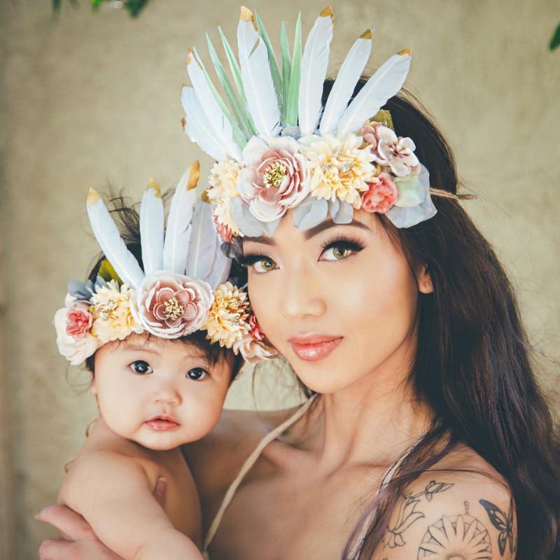 Luxury Modern Brazil Stlye Baby and Mother Feather Flower Headdress Headwear European Flower Headband For Mother and Daughter
