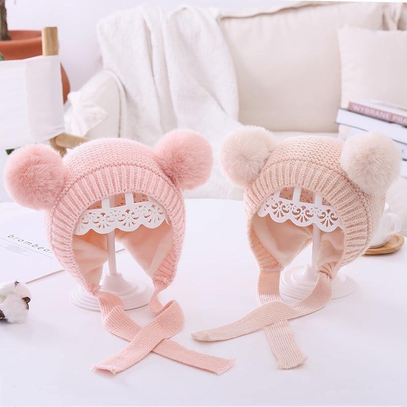 Handmade Modern Trend Winter Christmas Knitted Baby Hat Cute Double Pompom Infant Baby Boy Girl Cap Ear Protection Hats Kids Children Cap