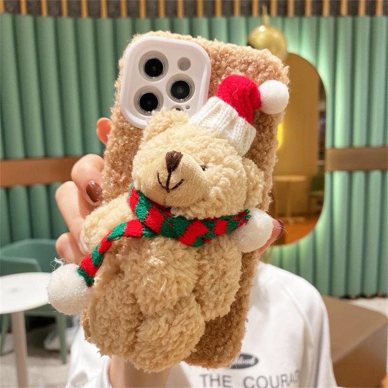 Cute Fluffy Santa 3D Teddy Bear Plush Christmas Case For Iphone 13 12 11 Pro Xs Max X Xr 7 8 Plus Se3 Shockproof Soft Cover Super Soft Winter Warm Funny Rabbit Ears Faux Fur Plush Fluffy Cover