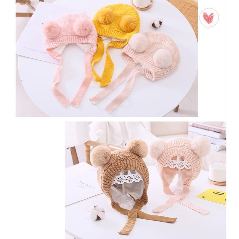 Handmade Modern Trend Winter Christmas Knitted Baby Hat Cute Double Pompom Infant Baby Boy Girl Cap Ear Protection Hats Kids Children Cap