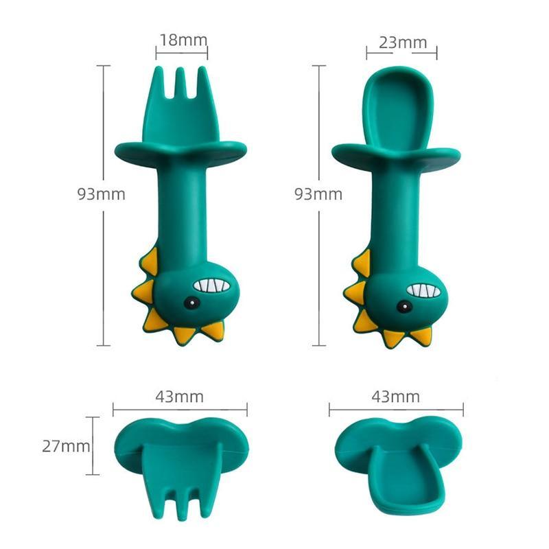 New Baby Feeding Spoon Fork Set Short Easy Cartoon Dinosaur Soft Silicone Teether Toys Non-hurt Training Tableware