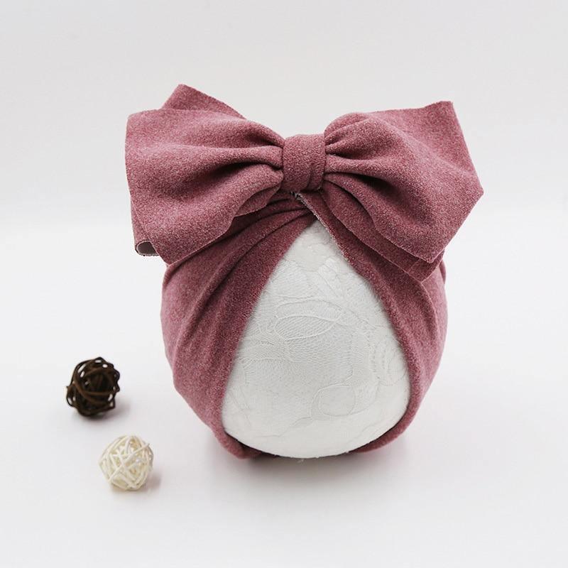 Handamde Elegant Baby Hats for Girls Big Bow Turban Hat Newborn Baby Beanie Cap Solid Color Style