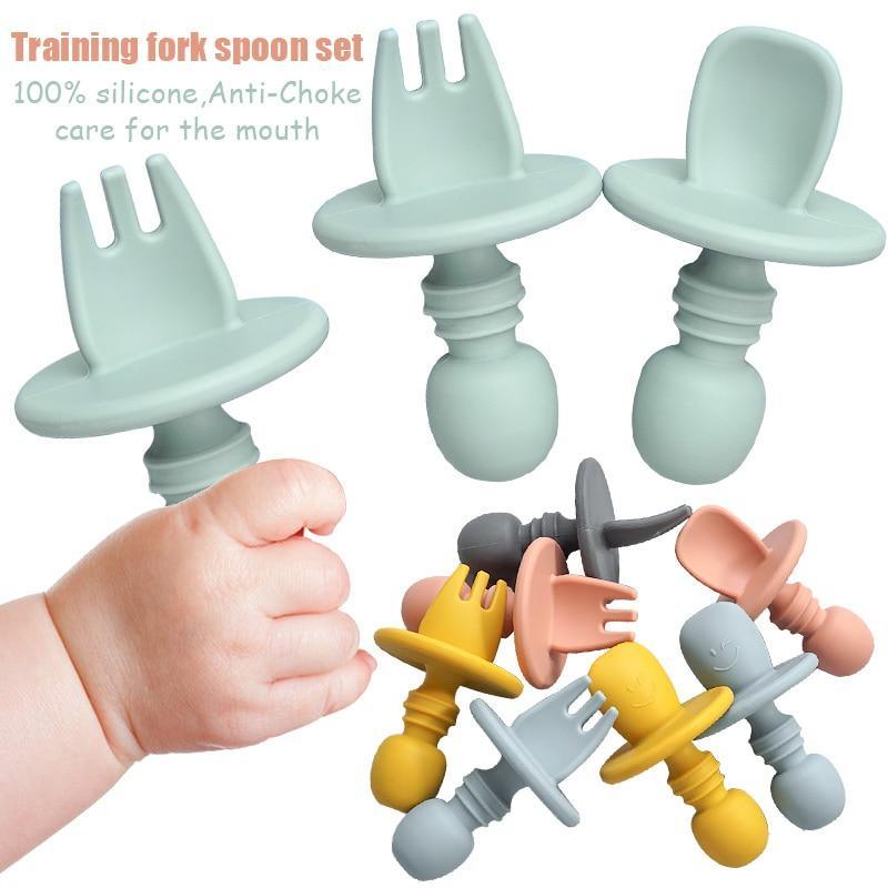 Big Baby Feeding Unique Spoon And Fork Set Soft Silicone Feeding Flatware Safe Training Spoon For Baby Girls And Boys