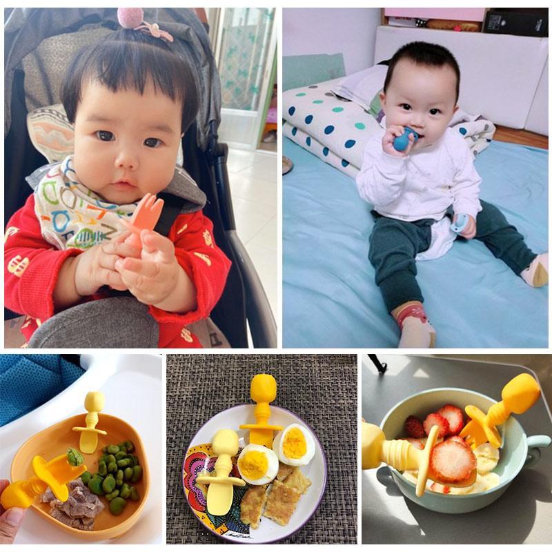 Big Baby Feeding Unique Spoon And Fork Set Soft Silicone Feeding Flatware Safe Training Spoon For Baby Girls And Boys