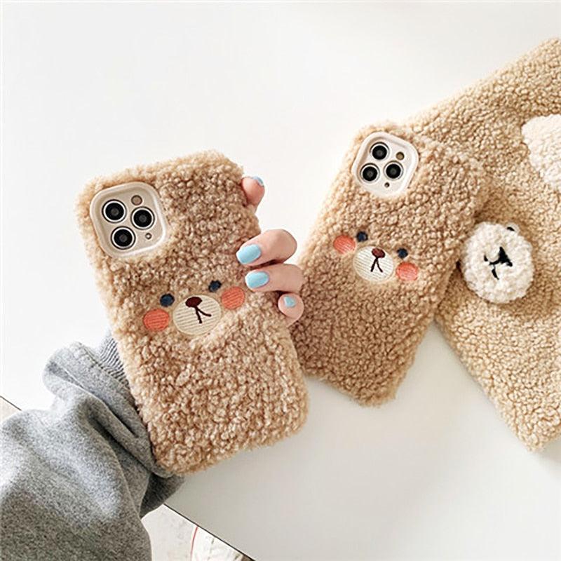 Cute Furry Fluffy Brown Bear Phone Case For iPhone 11 12 13 Pro Max 6 7 8 Plus X XS Max XR SE 2020 Winter Plush Warm Soft Cover Autumn and Winter Shockproof Full Case Cover