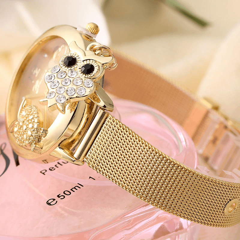 STEVVEX Gold Watch Brand Quartz Women Rose Gold Stainless Steel Mesh Belt Ladies Wristwatch Female Clock Owl (Gold) For Women and Girls