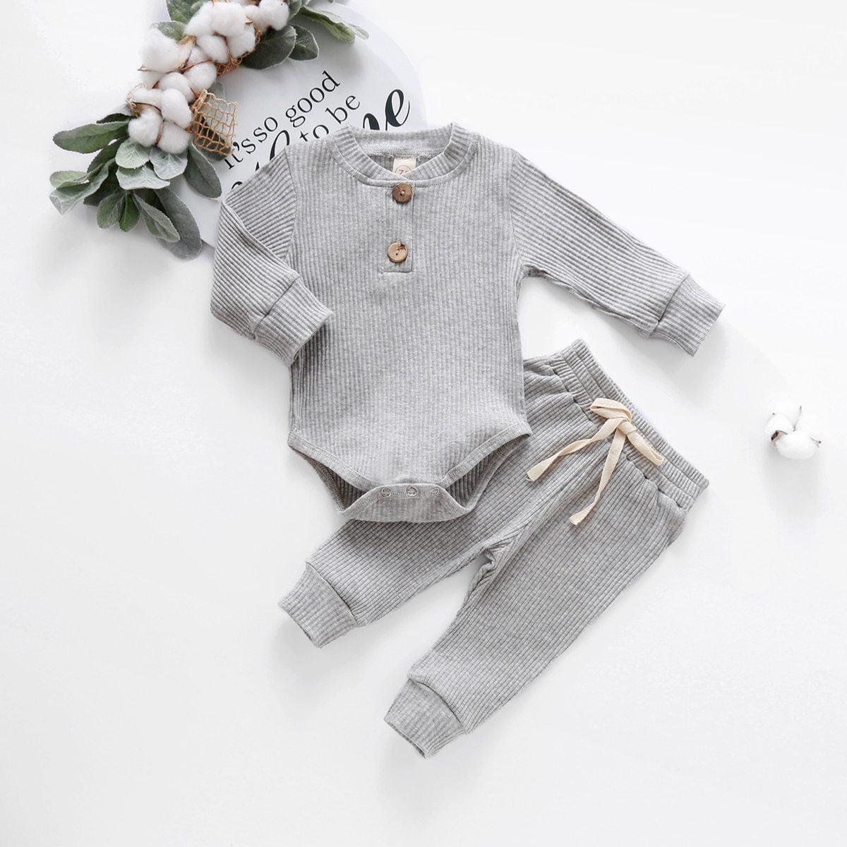 Infant Newborn Baby Spring Autumn Ribbed Solid Clothes Sets Long Sleeve Bodysuits , Elastic Pants 2PCs