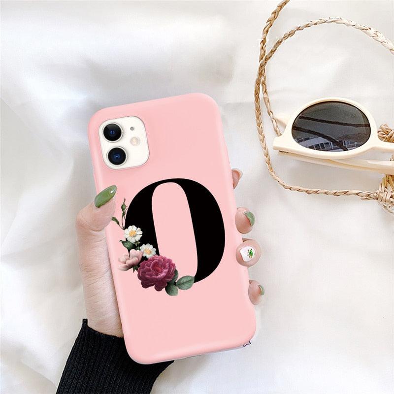Initial Letter Silicon Phone Case For Iphone 12 Pro Max Retro Pink Flower Soft Back Cover Compatible With Iphone Case Soft Touch Cute Pink Silicone Back Cover For Iphone
