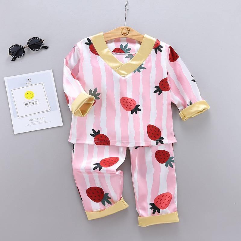 Luxury Modern Children's Pajamas Set Baby Suit Toddler Boys and Girls Ice Silk Satin Cartoon Printing Tops Pants Set Home Wear pajams for Kids