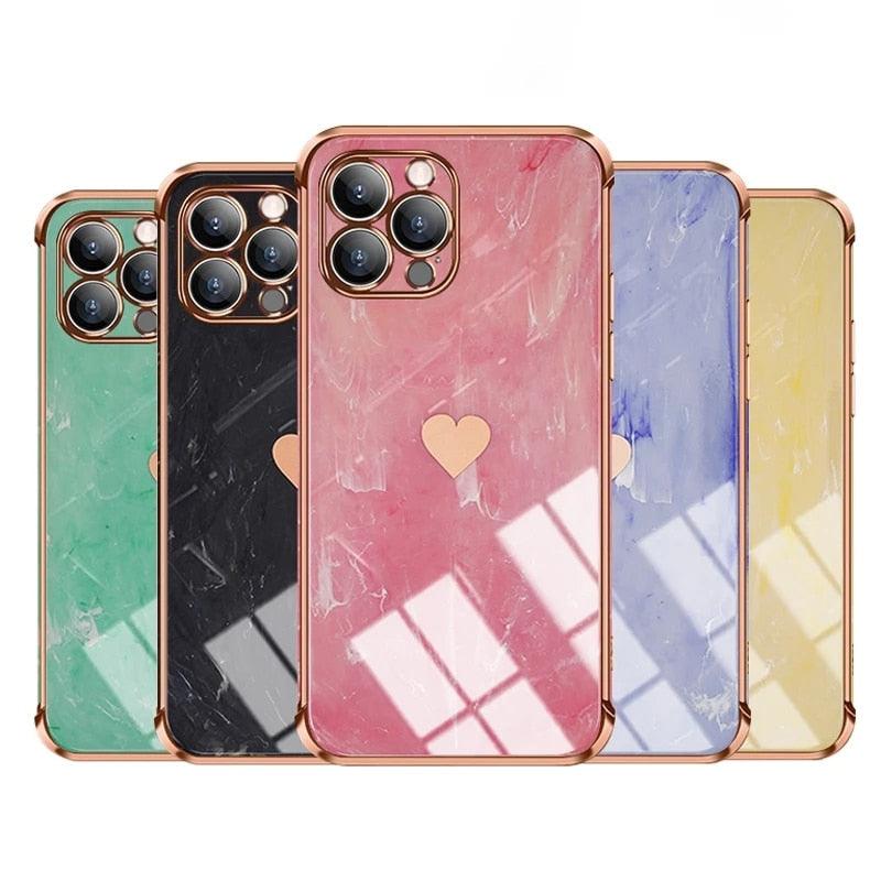 Luxury Shockproof Soft Case For iPhone 13 12 11 Pro Max XS XR X R 8 7 Plus iPhone12 12Pro iPhone11 Marble Texture Covers Luxury Love Phone Case Cute Side Small Heart Pattern Soft Shockproof Full Lens Case for iPhone