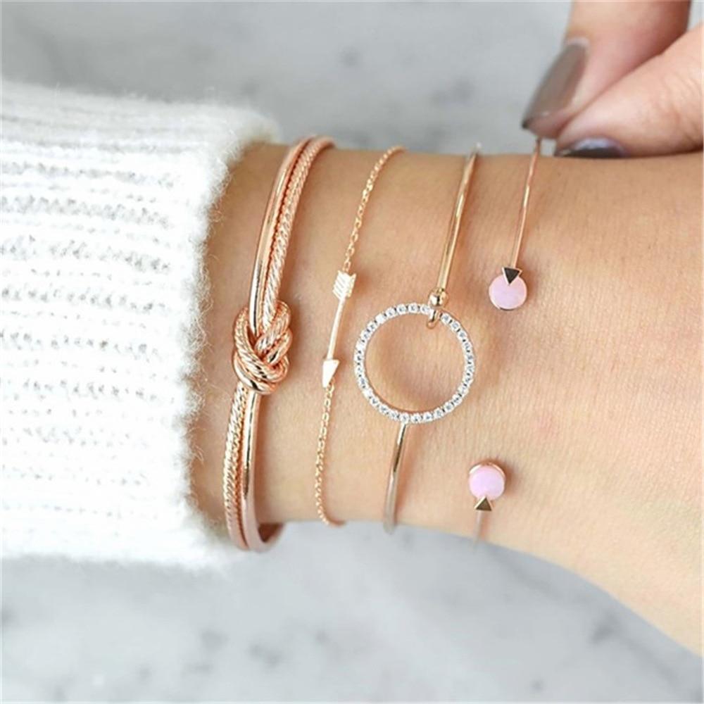 Fashion Bohemia Leaf Round Knot Cuff Bangle Gold Chain Charm Bracelet for Women Simple Geometric Bracelets Luxury Jewelry