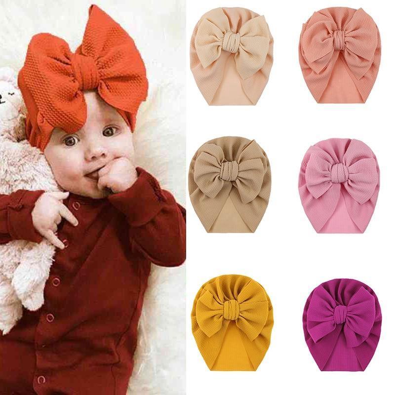 Handamde Elegant Baby Hats for Girls Big Bow Turban Hat Newborn Baby Beanie Cap Solid Color Style