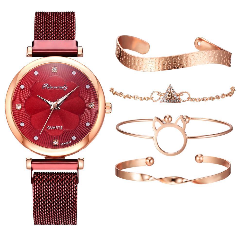 Fashion Set Women Watches Luxury Magnet Buckle Flower Rhinestone Watch Ladies Quartz Wrist Watch WIth Bracelet In Set For Women and Girls