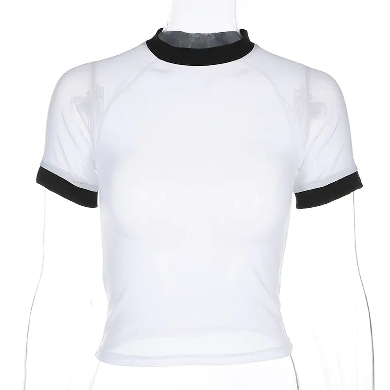 Trendy Women's Black and White Sheer Mesh T-Shirt