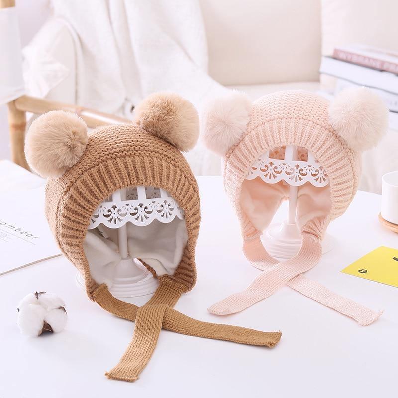 Handmade Modern Trend Winter Christmas Knitted Baby Hat Cute Double Pompom Infant Baby Boy Girl Cap Ear Protection Hats Kids Children Cap