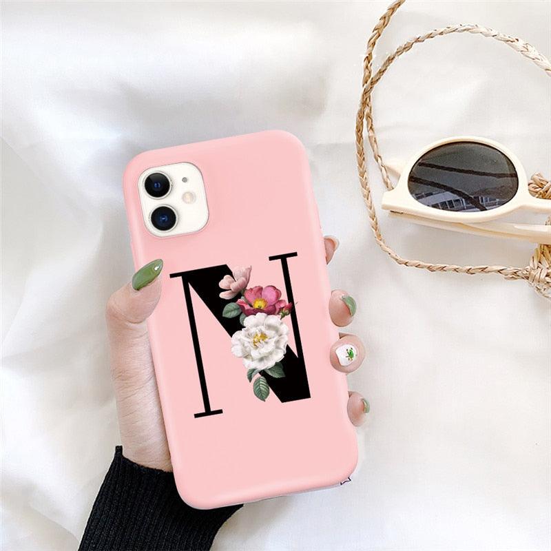 Initial Letter Silicon Phone Case For Iphone 12 Pro Max Retro Pink Flower Soft Back Cover Compatible With Iphone Case Soft Touch Cute Pink Silicone Back Cover For Iphone