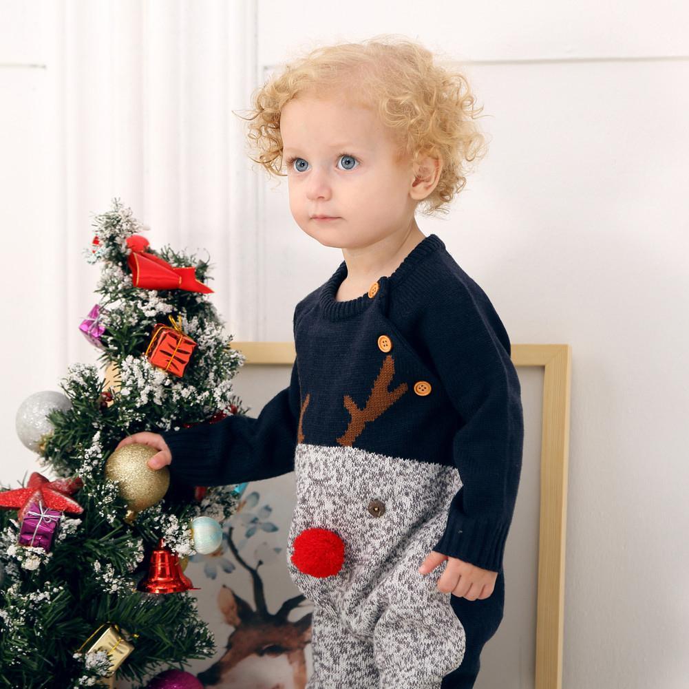 Baby Christmas Rompers Reindeer Knitted Jumpsuits Toddler Children Warm Wool Clothes 0-2Y For Boys and Girls Christmas Eve Costume