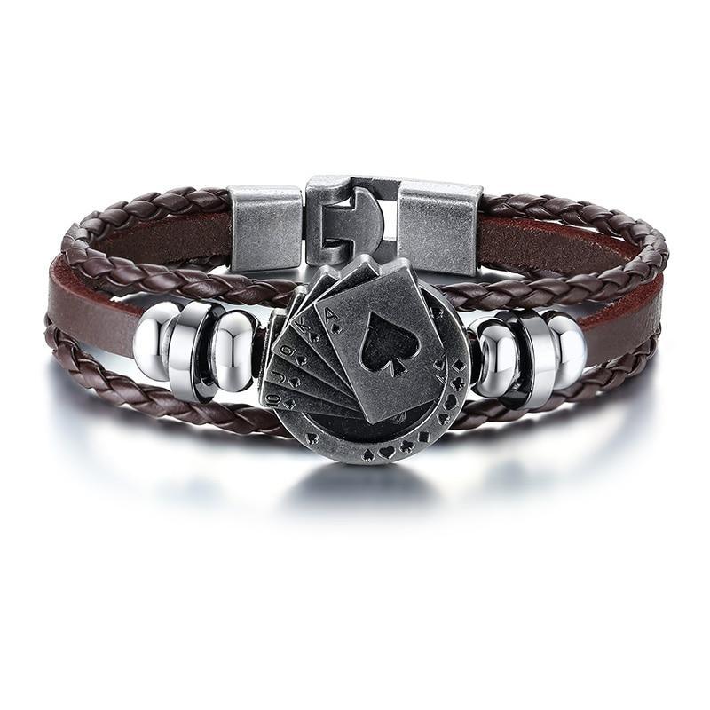Lucky Vintage Men's Leather Bracelet Playing Cards Charm Multilayer Braided Men and Women Gift