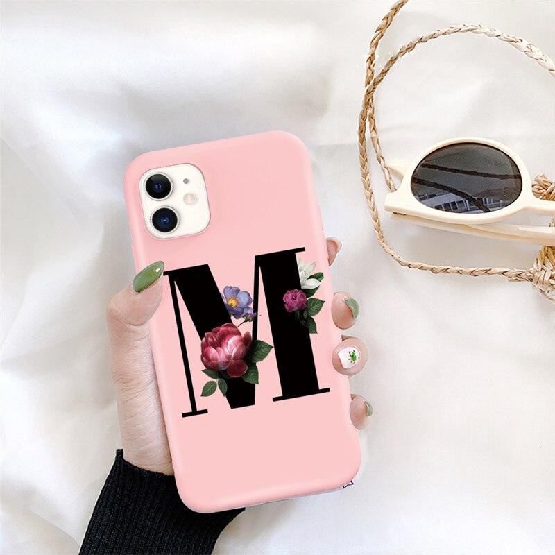 Initial Letter Silicon Phone Case For Iphone 12 Pro Max Retro Pink Flower Soft Back Cover Compatible With Iphone Case Soft Touch Cute Pink Silicone Back Cover For Iphone